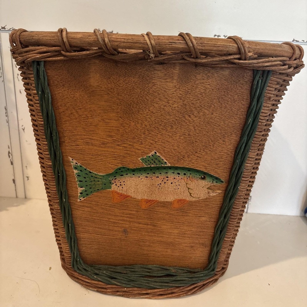 VTG Creel Wicker Waste Basket Hand Painted Trout Fish Wood Panel Cabin Lake 13"